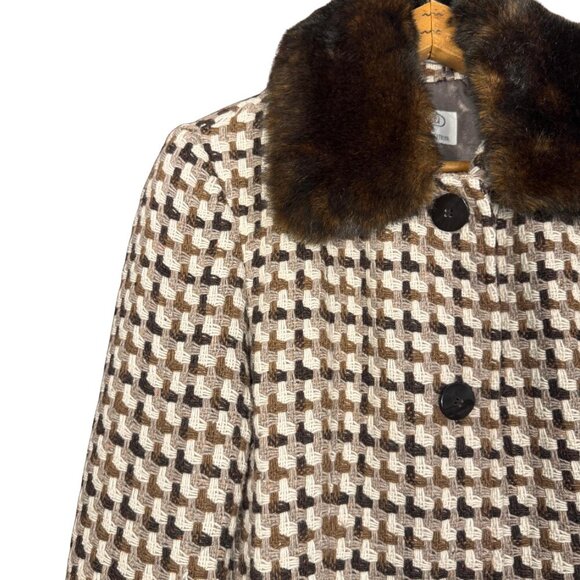 Vintage 90s Boho Wool Blend Coat Brown Cream Houndstooth Jacket Faux Fur Collar - Picture 2 of 11